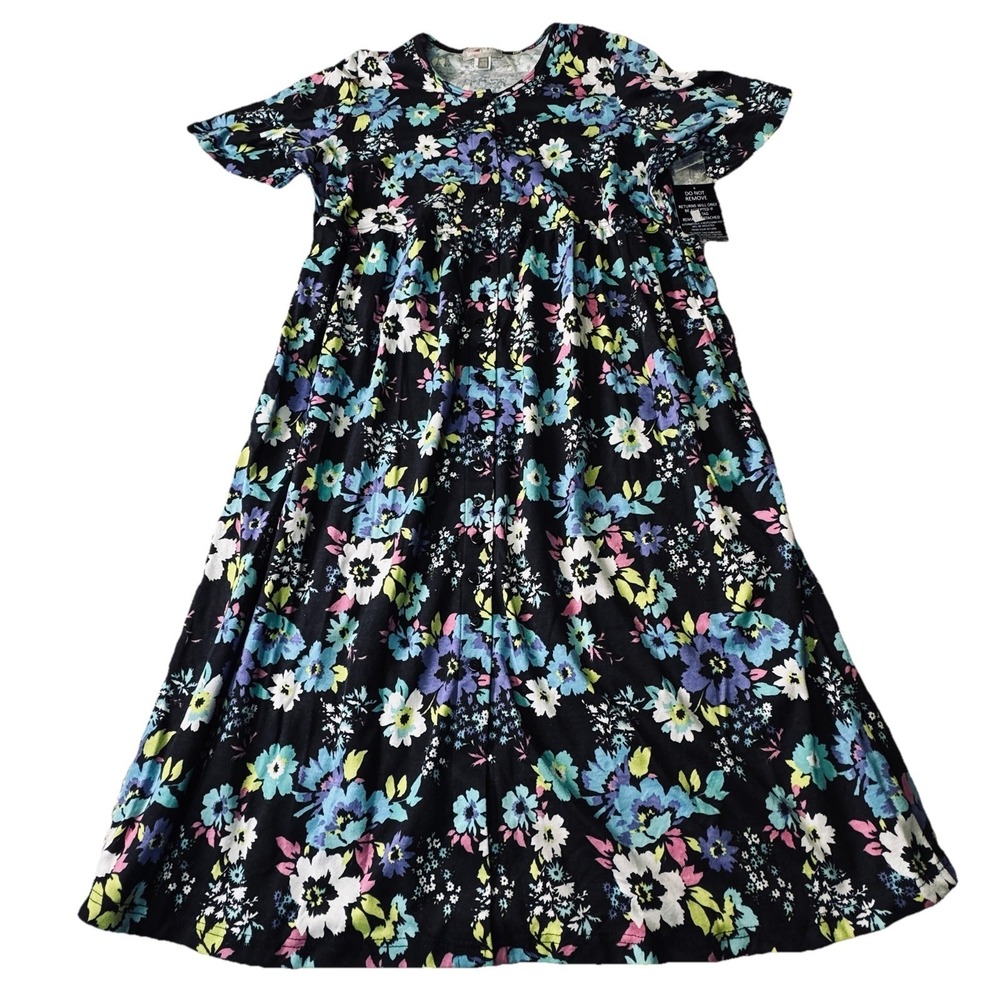 Woman Within Petite Floral Button Front Midi Dress‎ Black Sz L 18/20 Petite